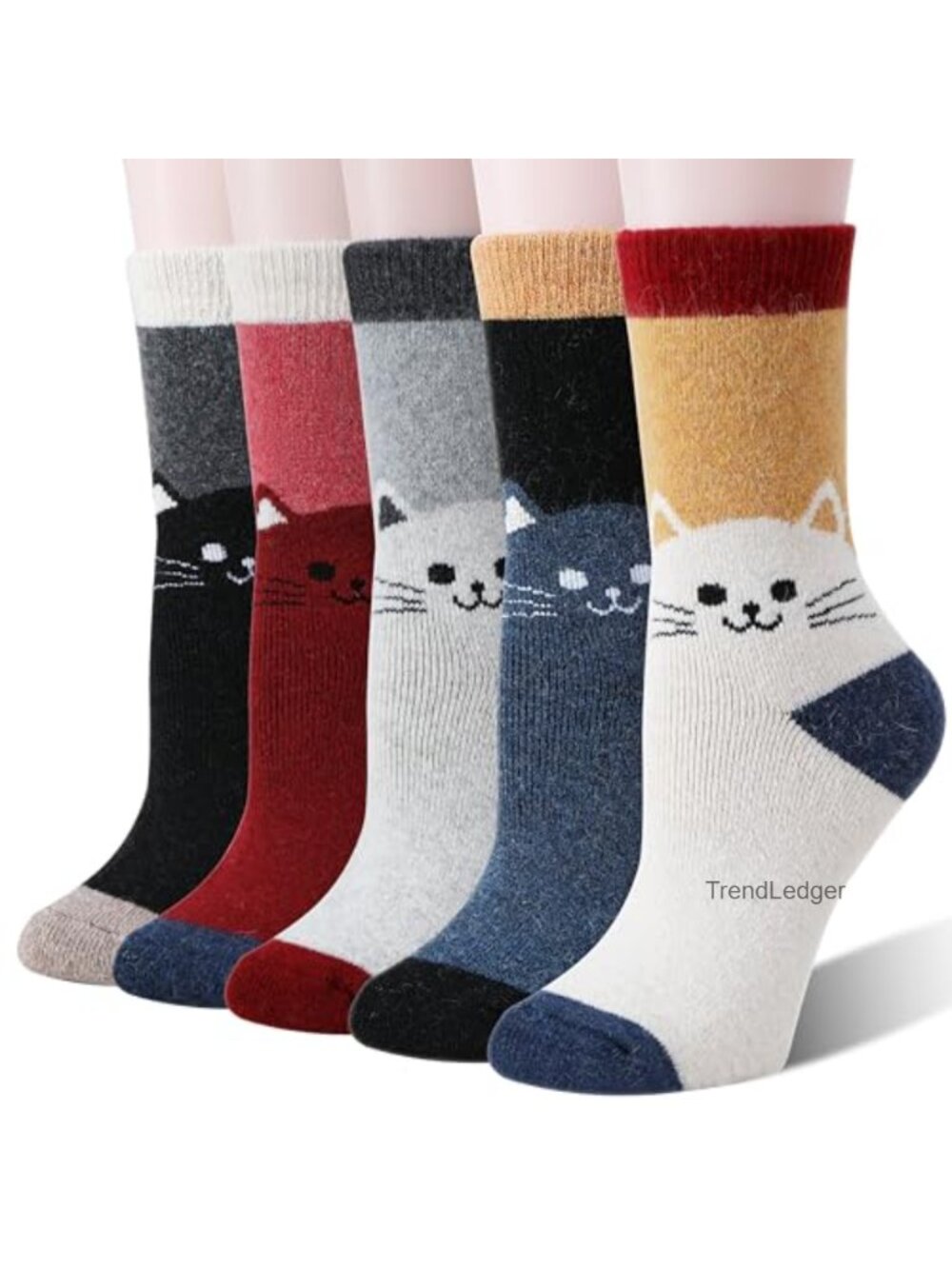 Merino Wool Cat Socks Thermal Thick Cozy Crew Boot Socks 5 Pairs